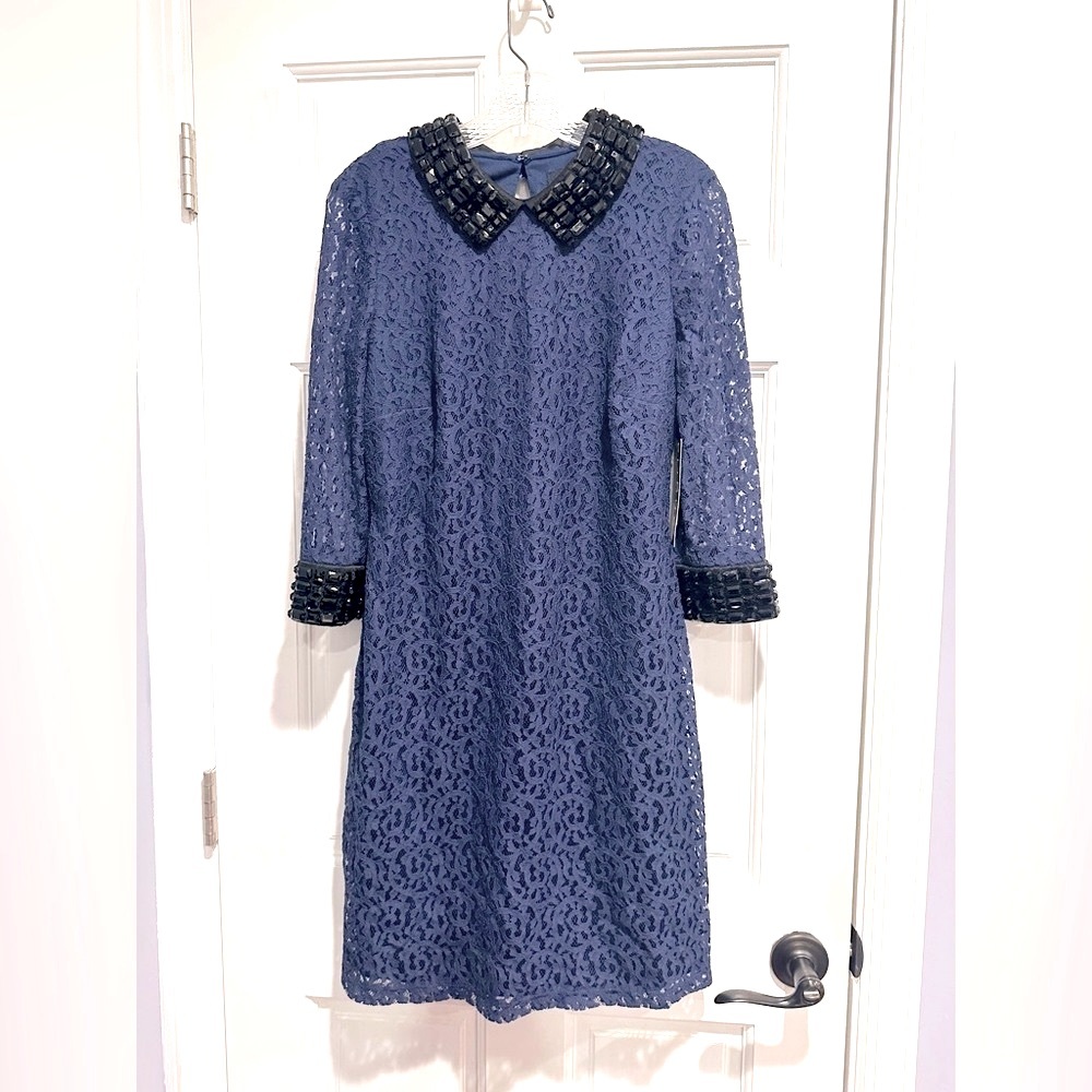 Sangria Lace midi dress with black jeweled collar & sleeves; NWT; Size 10